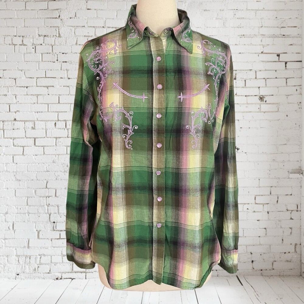 Cattlelac Ranch Shirt XL Womens Pearl Snap Embroidered Beaded Cowgirl Western‎